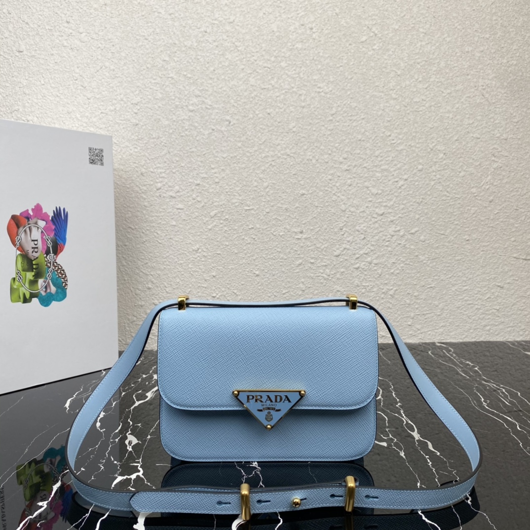 Prada Embleme Saffiano Leather Shoulder Bag Handbag Light Blue 1BD320